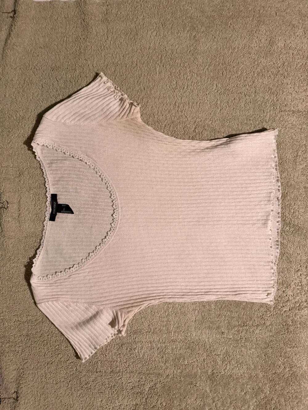 Forever 21 Ribbed Lace Trim Top Size L White Short Sleeve